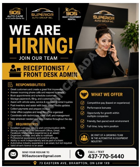 Receptionist / Front Desk Administrator – Full-Time | Brampton, ON