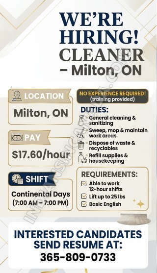Cleaner (General Labor) Wanted – Milton, ON
