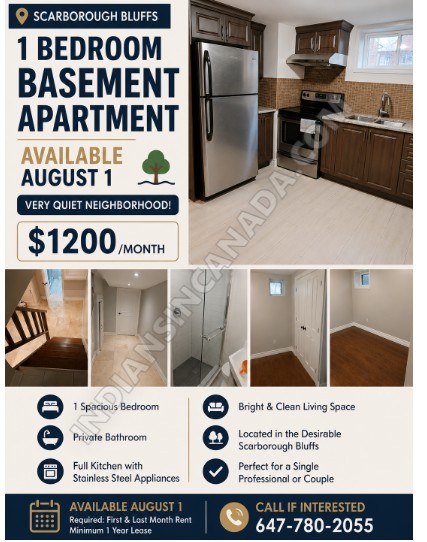 Brand New 1 Bedroom Basement Apartment for Rent – Scarborough Bluffs Area