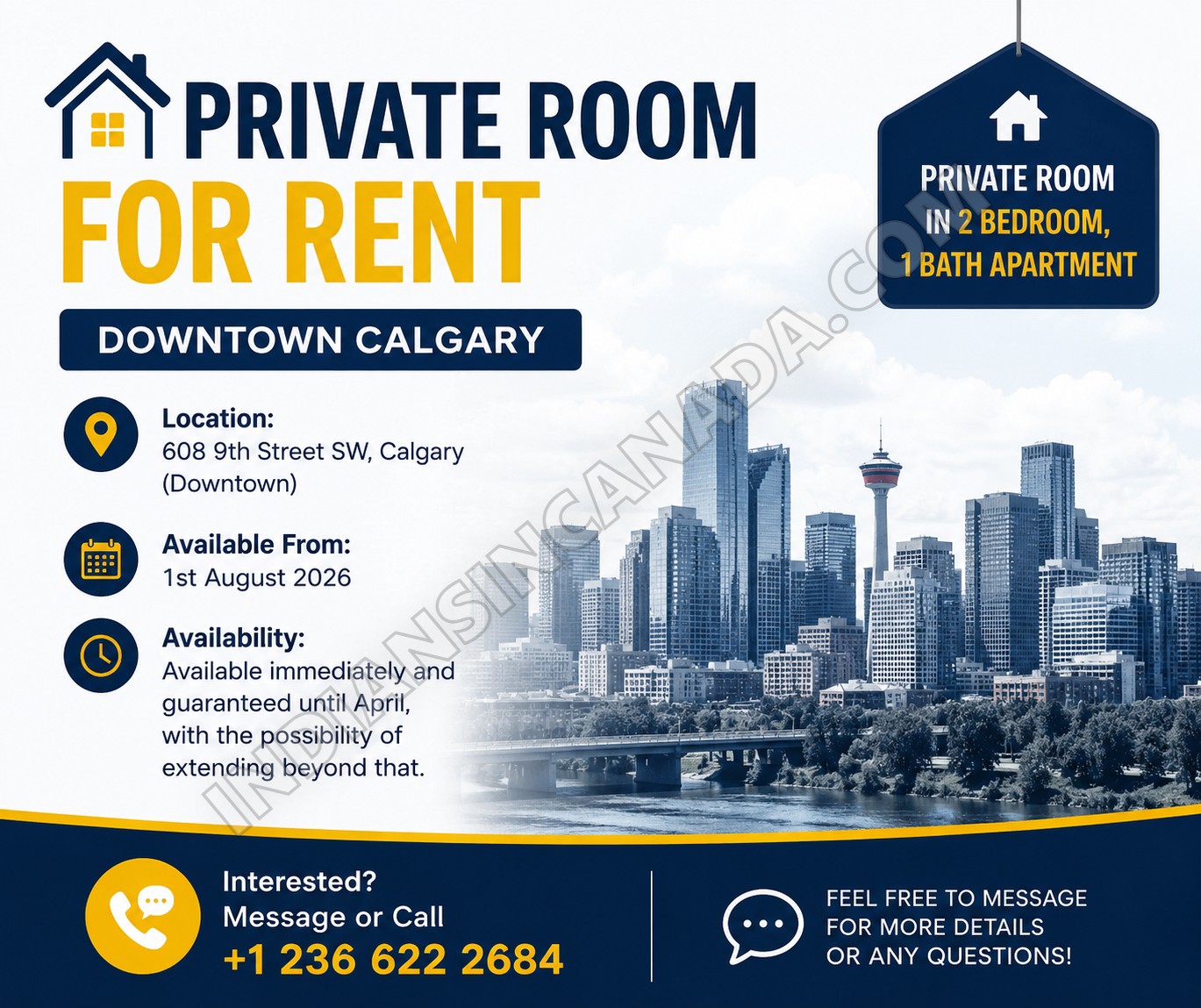 π Private Room for Rent in Downtown Calgary β Available August 1, 2026