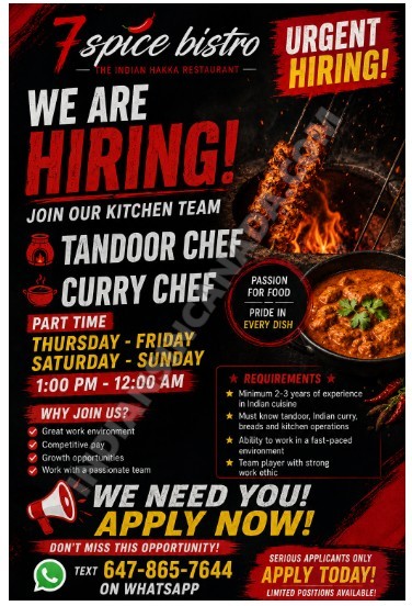 Urgent Hiring – Restaurant Staff | 7 Spice Bistro